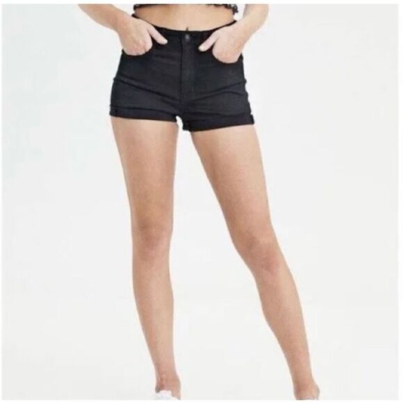 American Eagle Black 360 Stretch Hi-Rise Shortie Denim Jean Shorts Size 4 - Picture 1 of 11